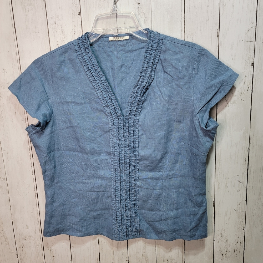 Platinum Women's Blue Linen Side Zip Shirt Ruffle Front Size 16 Lagenlook.